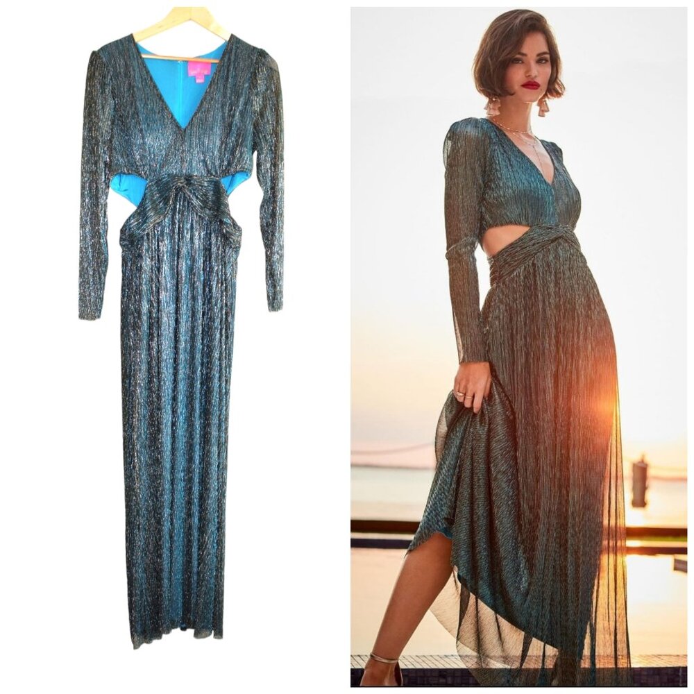 Lilly Pulitzer Latrice Plissé Metallic Blue Maxi Dress Size 14 Sparkly Gown